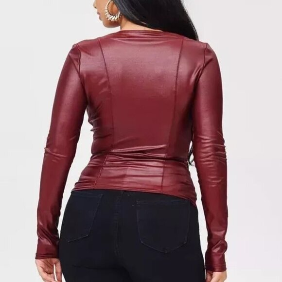 Faux Leather Lace Up Fitted Zip Front Long Sleeve Jacket Burgundy Juniors Small - Picture 6 of 6